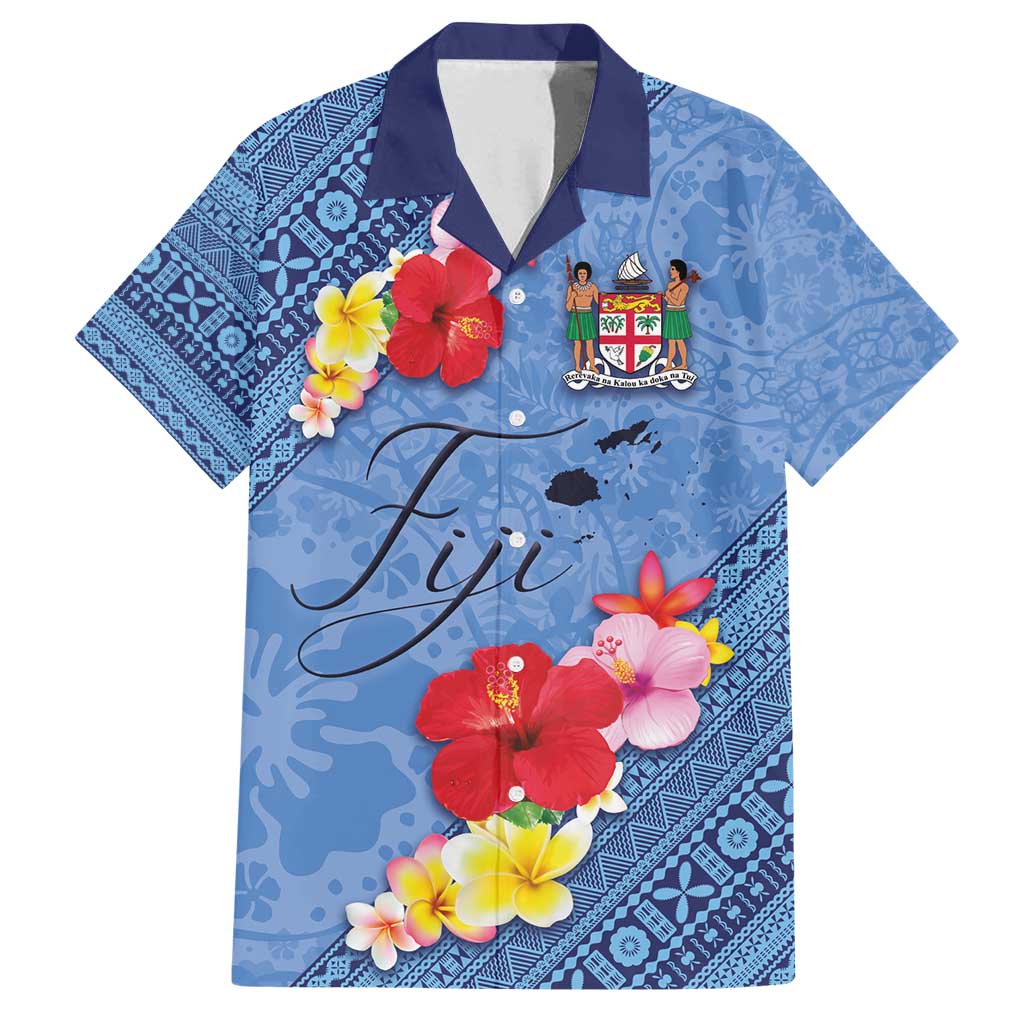 Bula Fiji Hibiscus and Plumeria Flowers Family Matching Summer Maxi Dress and Hawaiian Shirt Tapa Tattoo Polynesian Pattern LT03 Dad's Shirt - Short Sleeve Blue - Polynesian Pride