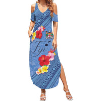 Bula Fiji Hibiscus and Plumeria Flowers Family Matching Summer Maxi Dress and Hawaiian Shirt Tapa Tattoo Polynesian Pattern LT03 Mom's Dress Blue - Polynesian Pride