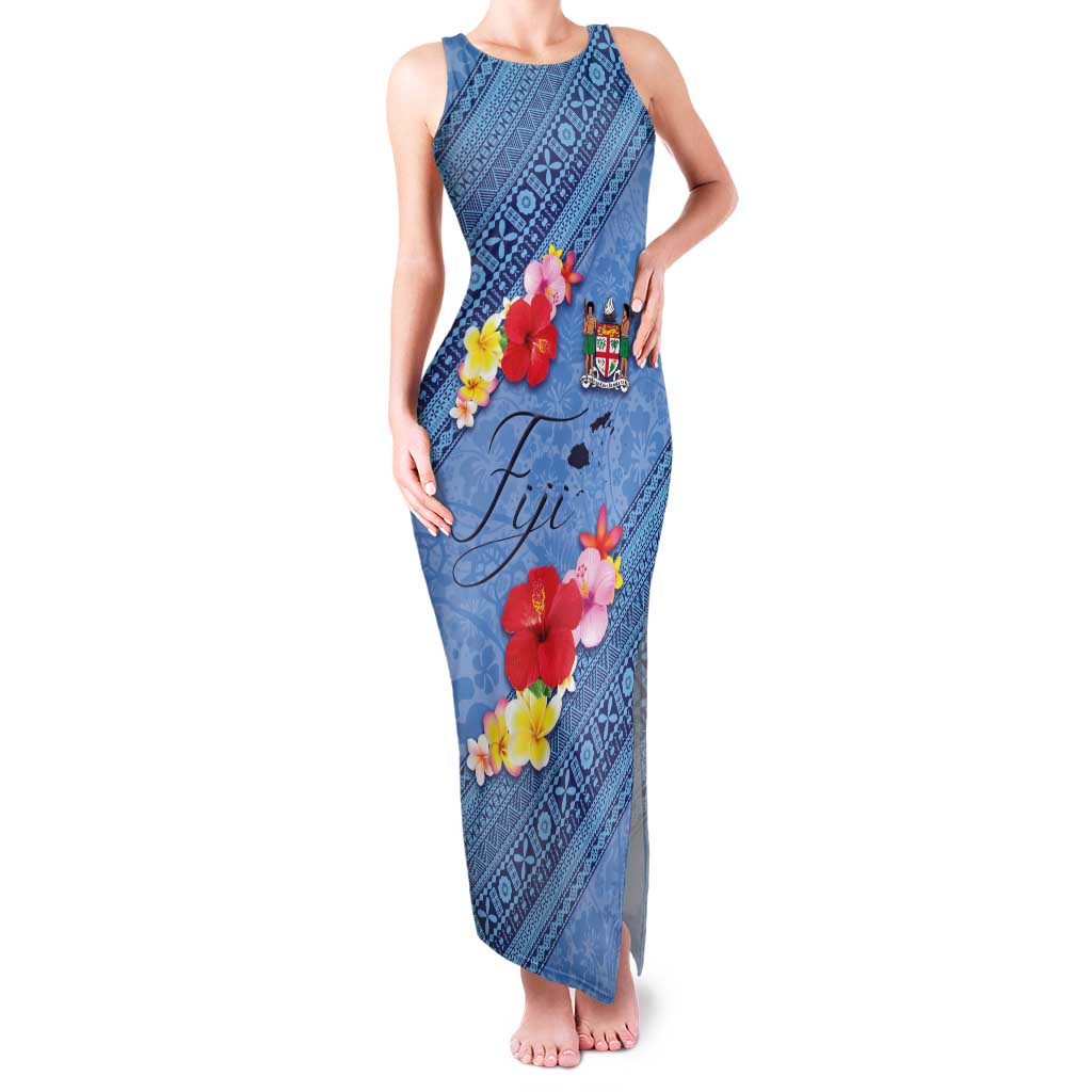 Bula Fiji Hibiscus and Plumeria Flowers Family Matching Tank Maxi Dress and Hawaiian Shirt Tapa Tattoo Polynesian Pattern LT03 Mom's Dress Blue - Polynesian Pride