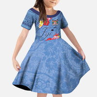 Bula Fiji Hibiscus and Plumeria Flowers Kid Short Sleeve Dress Tapa Tattoo Polynesian Pattern