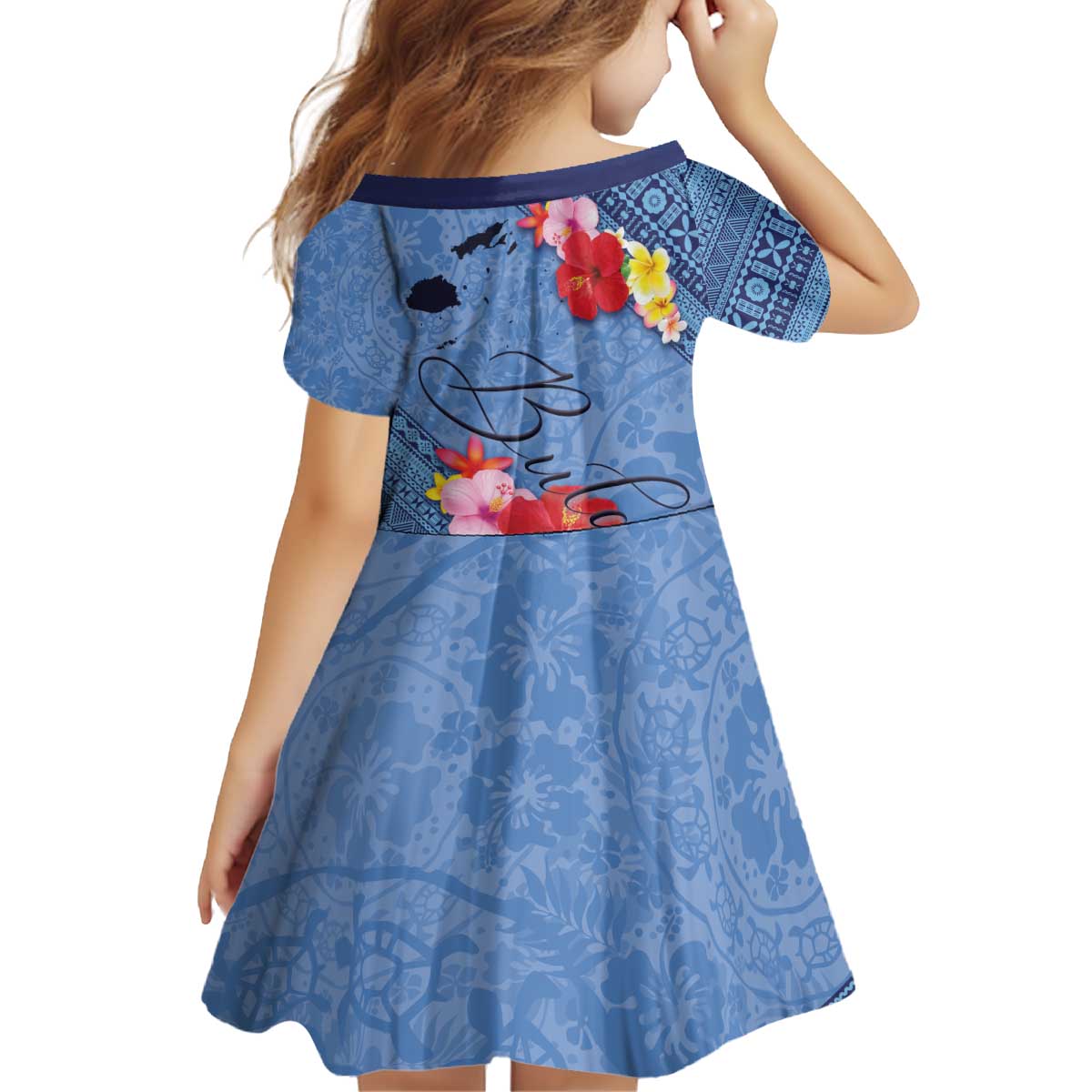 Bula Fiji Hibiscus and Plumeria Flowers Kid Short Sleeve Dress Tapa Tattoo Polynesian Pattern