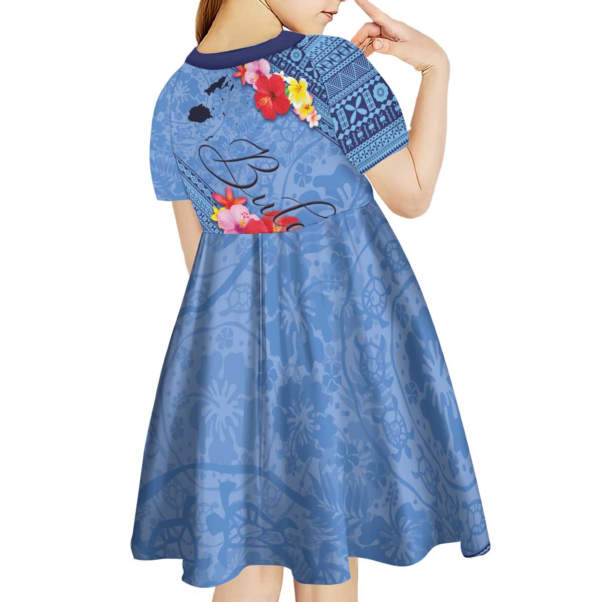Bula Fiji Hibiscus and Plumeria Flowers Kid Short Sleeve Dress Tapa Tattoo Polynesian Pattern