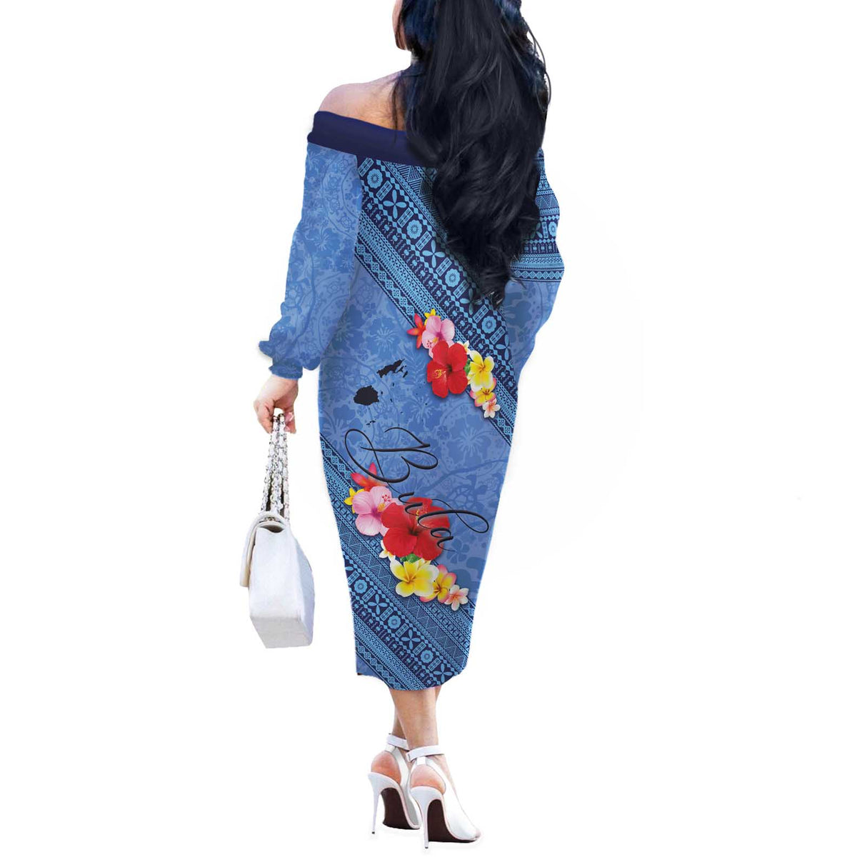 Bula Fiji Hibiscus and Plumeria Flowers Off The Shoulder Long Sleeve Dress Tapa Tattoo Polynesian Pattern