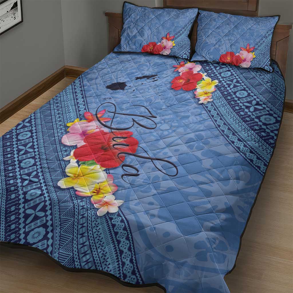 Bula Fiji Hibiscus and Plumeria Flowers Quilt Bed Set Tapa Tattoo Polynesian Pattern