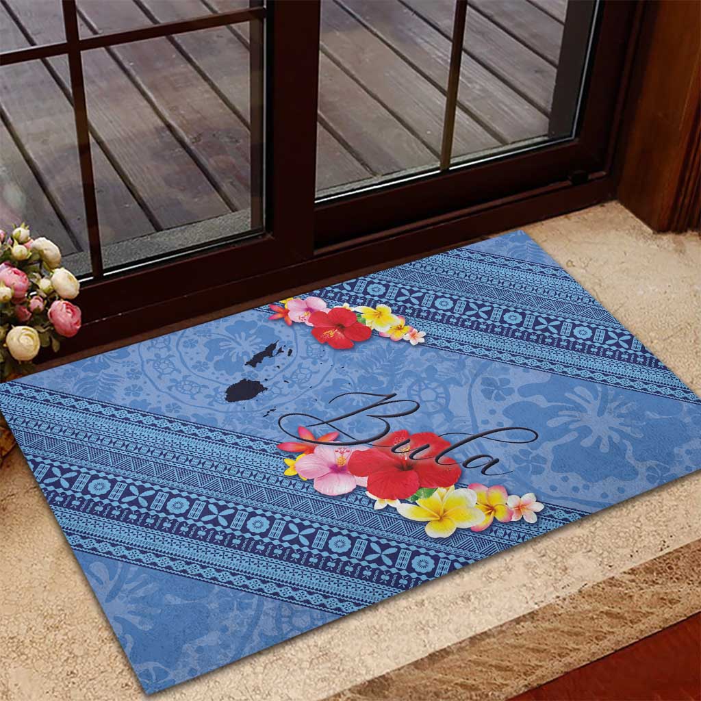 Bula Fiji Hibiscus and Plumeria Flowers Rubber Doormat Tapa Tattoo Polynesian Pattern