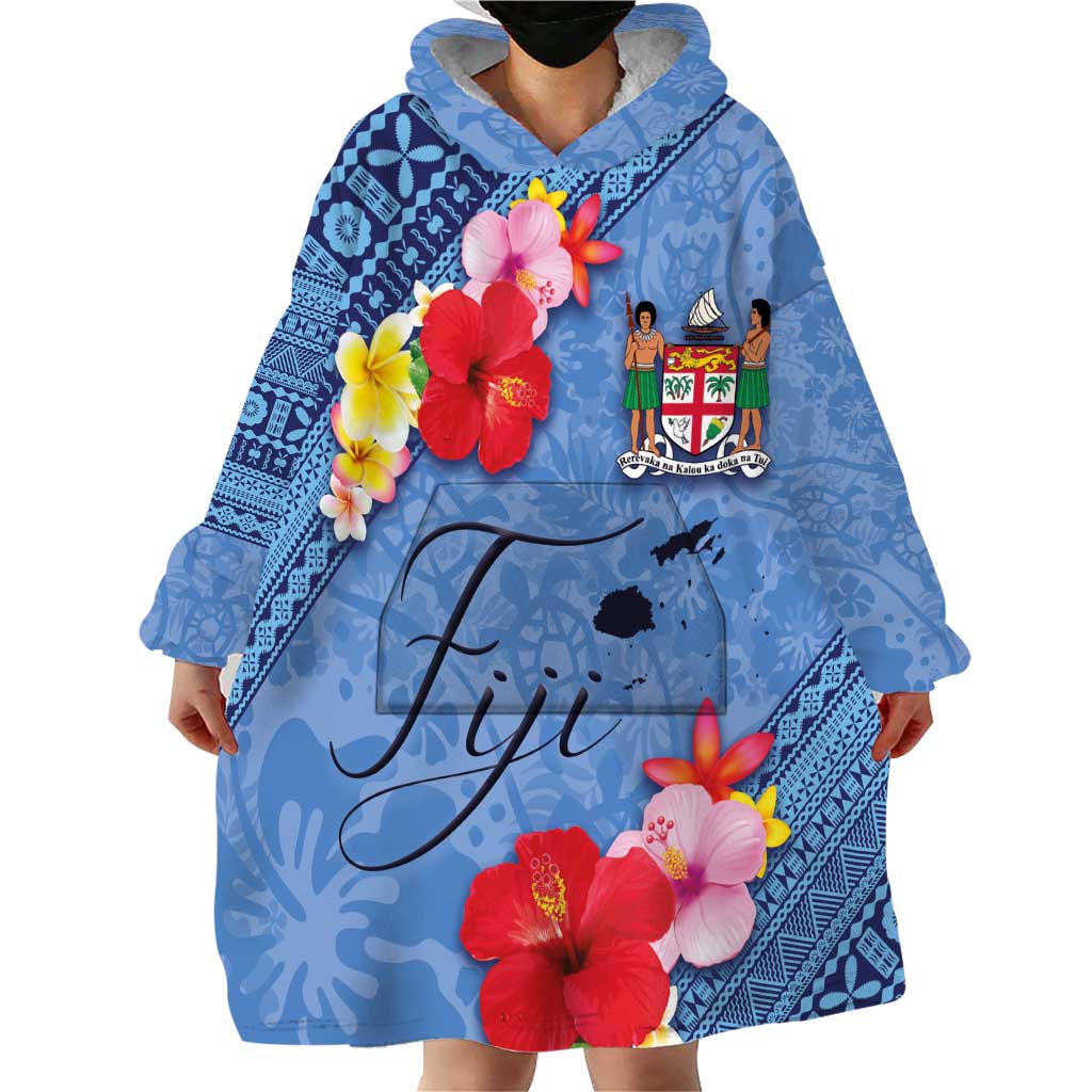 Bula Fiji Hibiscus and Plumeria Flowers Wearable Blanket Hoodie Tapa Tattoo Polynesian Pattern