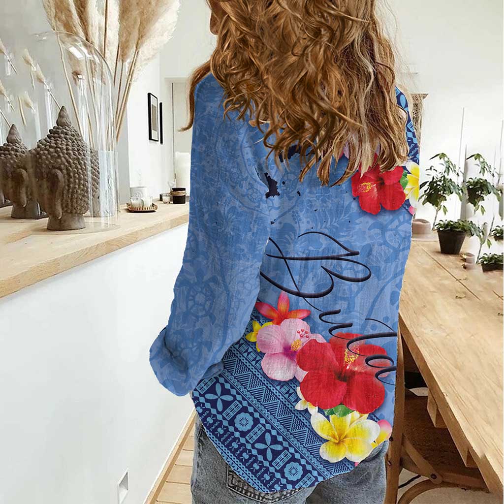 Bula Fiji Hibiscus and Plumeria Flowers Women Casual Shirt Tapa Tattoo Polynesian Pattern