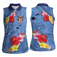 Bula Fiji Hibiscus and Plumeria Flowers Women Sleeveless Polo Shirt Tapa Tattoo Polynesian Pattern