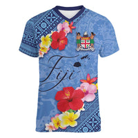 Bula Fiji Hibiscus and Plumeria Flowers Women V-Neck T-Shirt Tapa Tattoo Polynesian Pattern