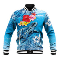 Hawaii Sea Turtle and Tropical Flowers Baseball Jacket Polynesian Tattoo Undersea Vibe