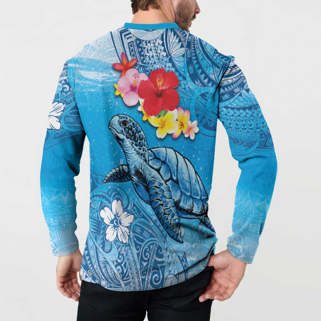 Hawaii Sea Turtle and Tropical Flowers Button Sweatshirt Polynesian Tattoo Undersea Vibe