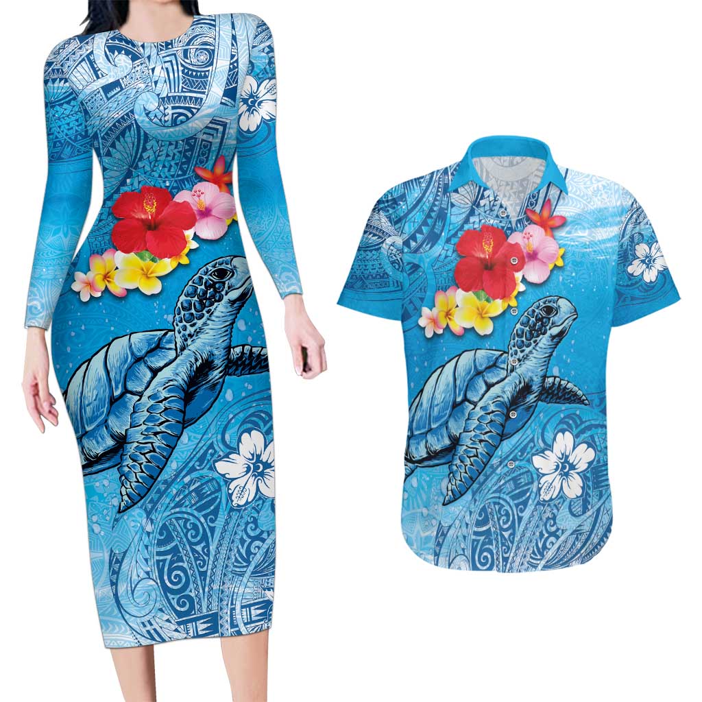Hawaii Sea Turtle and Tropical Flowers Couples Matching Long Sleeve Bodycon Dress and Hawaiian Shirt Polynesian Tattoo Undersea Vibe LT03 Blue - Polynesian Pride