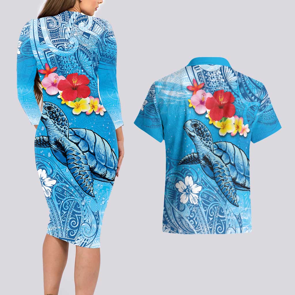 Hawaii Sea Turtle and Tropical Flowers Couples Matching Long Sleeve Bodycon Dress and Hawaiian Shirt Polynesian Tattoo Undersea Vibe LT03 - Polynesian Pride