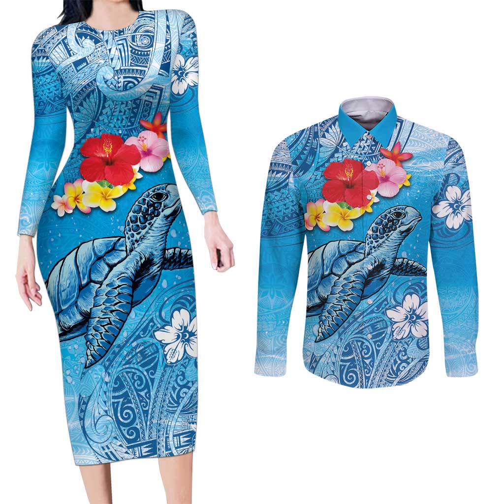 Hawaii Sea Turtle and Tropical Flowers Couples Matching Long Sleeve Bodycon Dress and Long Sleeve Button Shirt Polynesian Tattoo Undersea Vibe LT03 Blue - Polynesian Pride