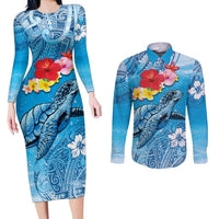 Hawaii Sea Turtle and Tropical Flowers Couples Matching Long Sleeve Bodycon Dress and Long Sleeve Button Shirt Polynesian Tattoo Undersea Vibe LT03 Blue - Polynesian Pride