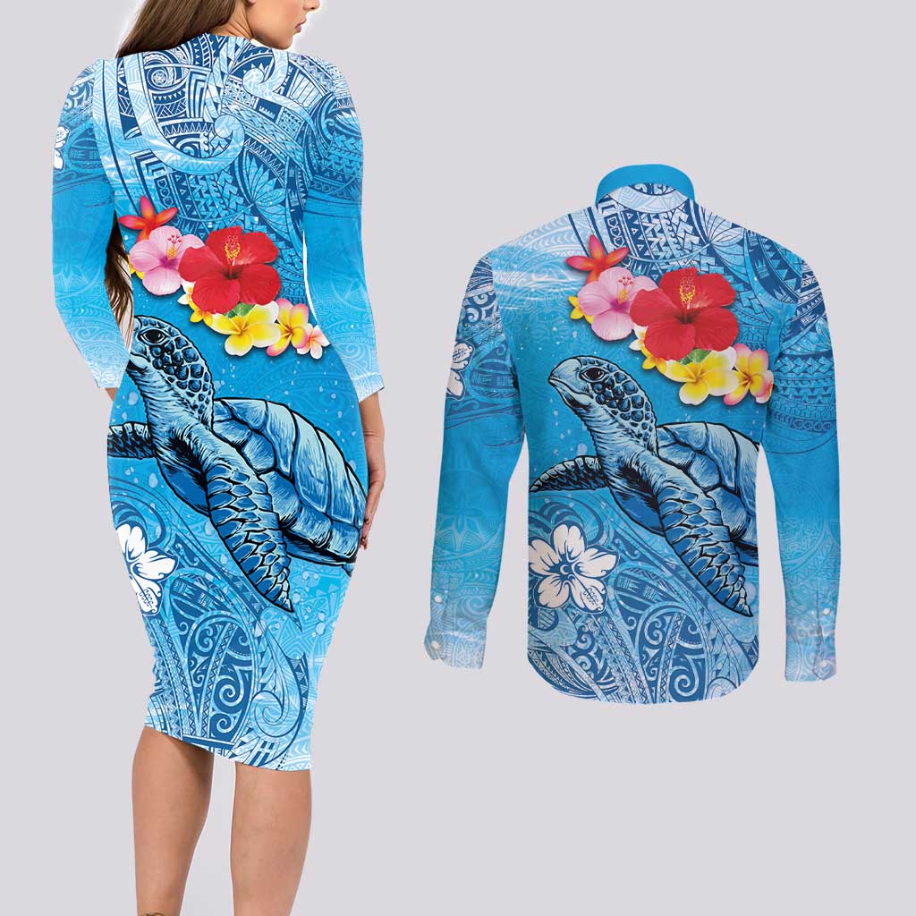 Hawaii Sea Turtle and Tropical Flowers Couples Matching Long Sleeve Bodycon Dress and Long Sleeve Button Shirt Polynesian Tattoo Undersea Vibe LT03 - Polynesian Pride