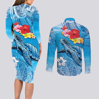 Hawaii Sea Turtle and Tropical Flowers Couples Matching Long Sleeve Bodycon Dress and Long Sleeve Button Shirt Polynesian Tattoo Undersea Vibe LT03 - Polynesian Pride