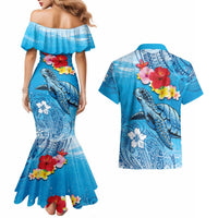 Hawaii Sea Turtle and Tropical Flowers Couples Matching Mermaid Dress and Hawaiian Shirt Polynesian Tattoo Undersea Vibe LT03 - Polynesian Pride