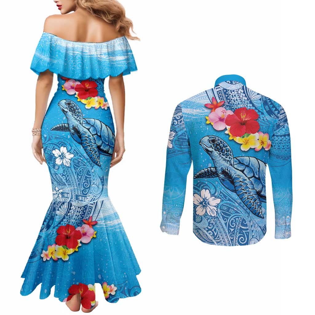 Hawaii Sea Turtle and Tropical Flowers Couples Matching Mermaid Dress and Long Sleeve Button Shirt Polynesian Tattoo Undersea Vibe LT03 - Polynesian Pride