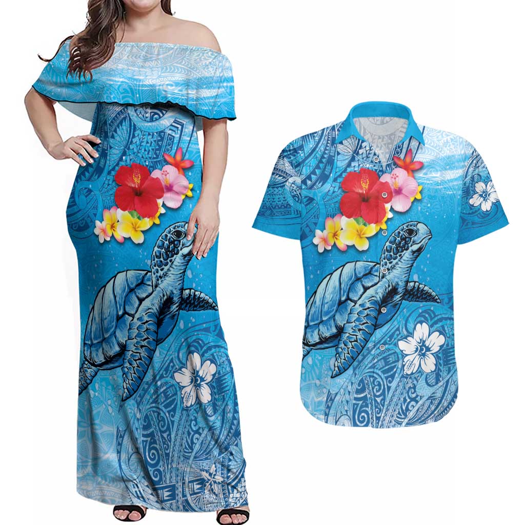 Hawaii Sea Turtle and Tropical Flowers Couples Matching Off Shoulder Maxi Dress and Hawaiian Shirt Polynesian Tattoo Undersea Vibe LT03 Blue - Polynesian Pride