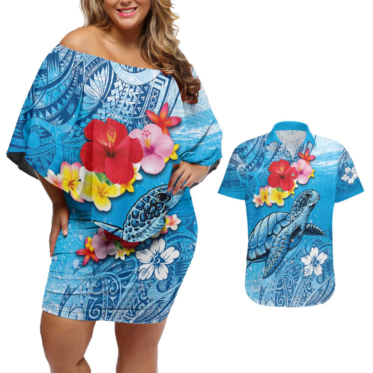 Hawaii Sea Turtle and Tropical Flowers Couples Matching Off Shoulder Short Dress and Hawaiian Shirt Polynesian Tattoo Undersea Vibe LT03 Blue - Polynesian Pride