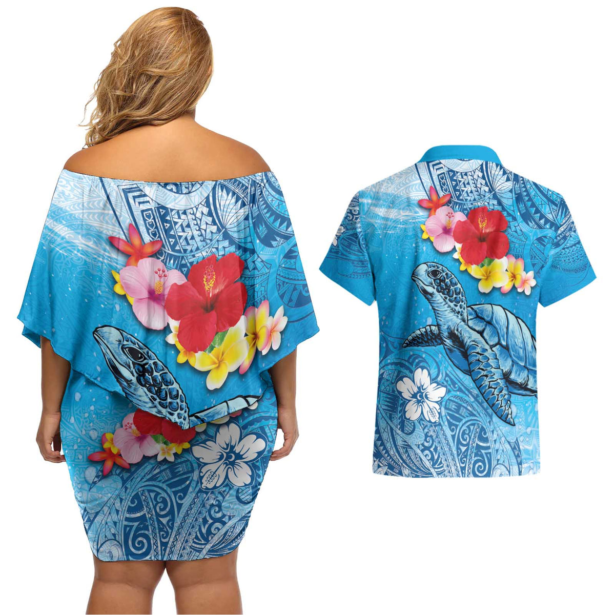 Hawaii Sea Turtle and Tropical Flowers Couples Matching Off Shoulder Short Dress and Hawaiian Shirt Polynesian Tattoo Undersea Vibe LT03 - Polynesian Pride