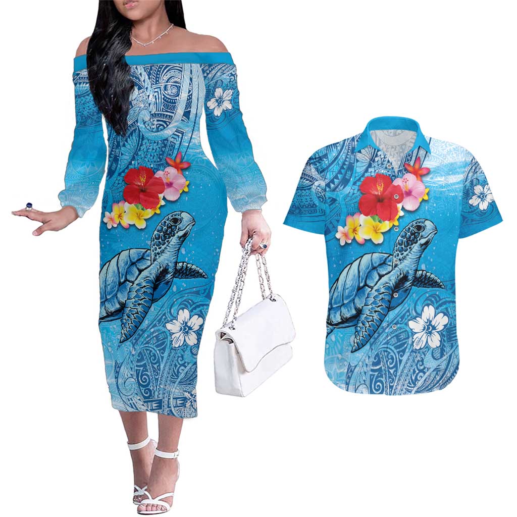 Hawaii Sea Turtle and Tropical Flowers Couples Matching Off The Shoulder Long Sleeve Dress and Hawaiian Shirt Polynesian Tattoo Undersea Vibe LT03 Blue - Polynesian Pride