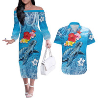 Hawaii Sea Turtle and Tropical Flowers Couples Matching Off The Shoulder Long Sleeve Dress and Hawaiian Shirt Polynesian Tattoo Undersea Vibe LT03 Blue - Polynesian Pride