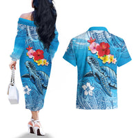Hawaii Sea Turtle and Tropical Flowers Couples Matching Off The Shoulder Long Sleeve Dress and Hawaiian Shirt Polynesian Tattoo Undersea Vibe LT03 - Polynesian Pride