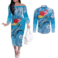 Hawaii Sea Turtle and Tropical Flowers Couples Matching Off The Shoulder Long Sleeve Dress and Long Sleeve Button Shirt Polynesian Tattoo Undersea Vibe LT03 Blue - Polynesian Pride