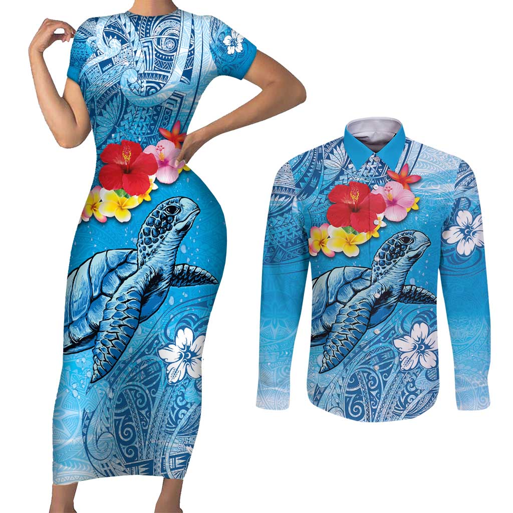 Hawaii Sea Turtle and Tropical Flowers Couples Matching Short Sleeve Bodycon Dress and Long Sleeve Button Shirt Polynesian Tattoo Undersea Vibe