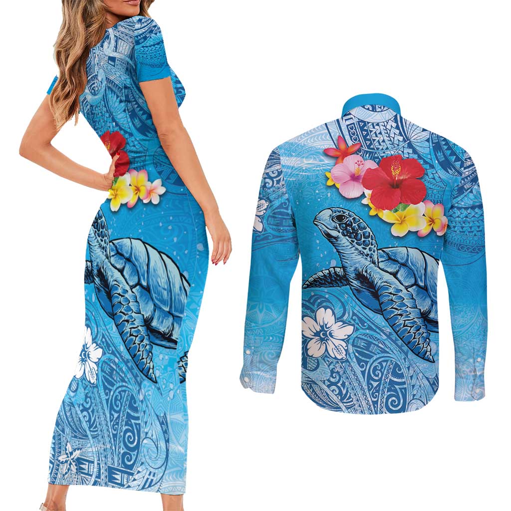 Hawaii Sea Turtle and Tropical Flowers Couples Matching Short Sleeve Bodycon Dress and Long Sleeve Button Shirt Polynesian Tattoo Undersea Vibe LT03 - Polynesian Pride