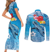 Hawaii Sea Turtle and Tropical Flowers Couples Matching Short Sleeve Bodycon Dress and Long Sleeve Button Shirt Polynesian Tattoo Undersea Vibe LT03 - Polynesian Pride