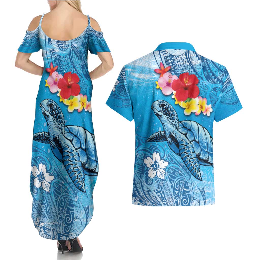 Hawaii Sea Turtle and Tropical Flowers Couples Matching Summer Maxi Dress and Hawaiian Shirt Polynesian Tattoo Undersea Vibe LT03 - Polynesian Pride
