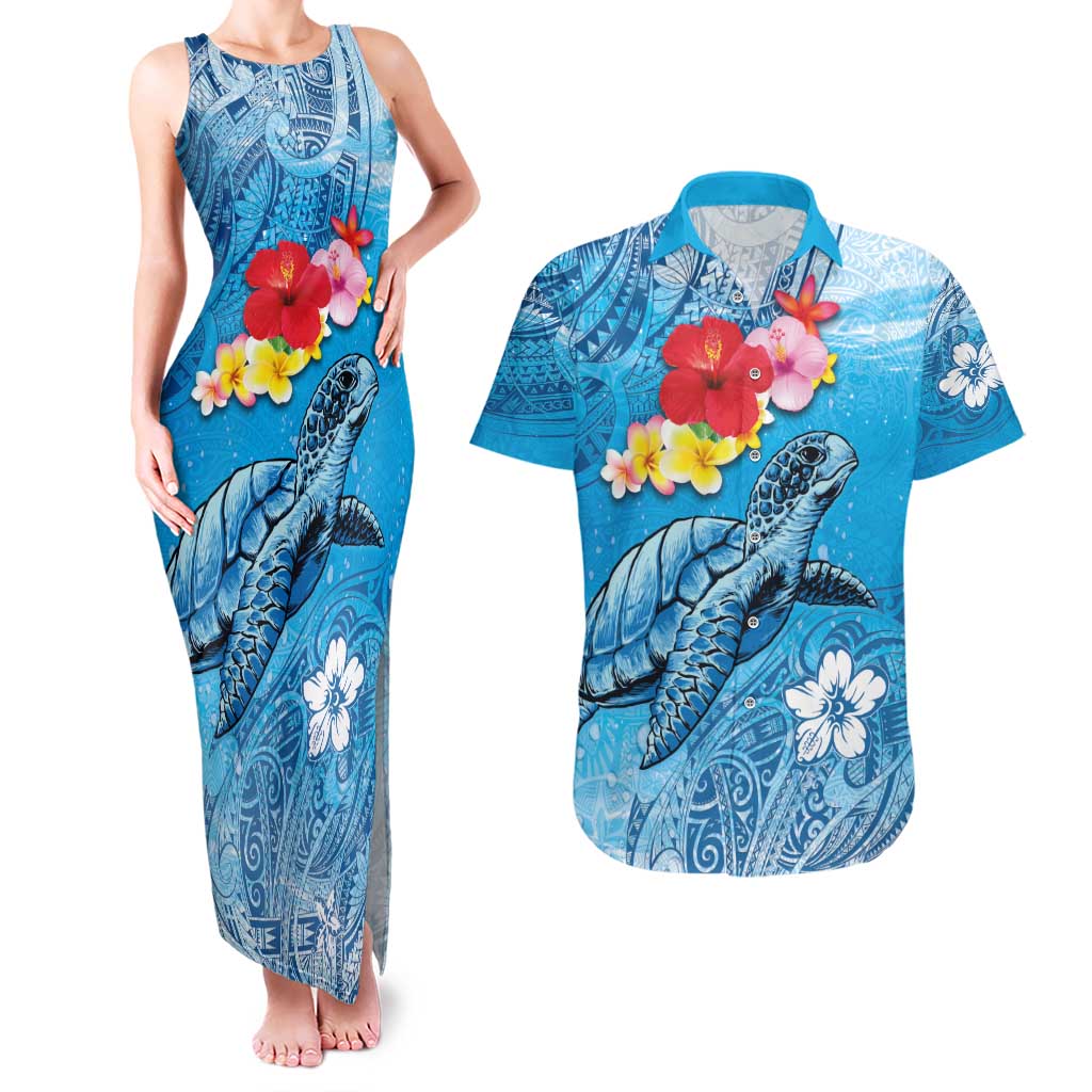 Hawaii Sea Turtle and Tropical Flowers Couples Matching Tank Maxi Dress and Hawaiian Shirt Polynesian Tattoo Undersea Vibe LT03 Blue - Polynesian Pride