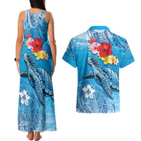 Hawaii Sea Turtle and Tropical Flowers Couples Matching Tank Maxi Dress and Hawaiian Shirt Polynesian Tattoo Undersea Vibe LT03 - Polynesian Pride