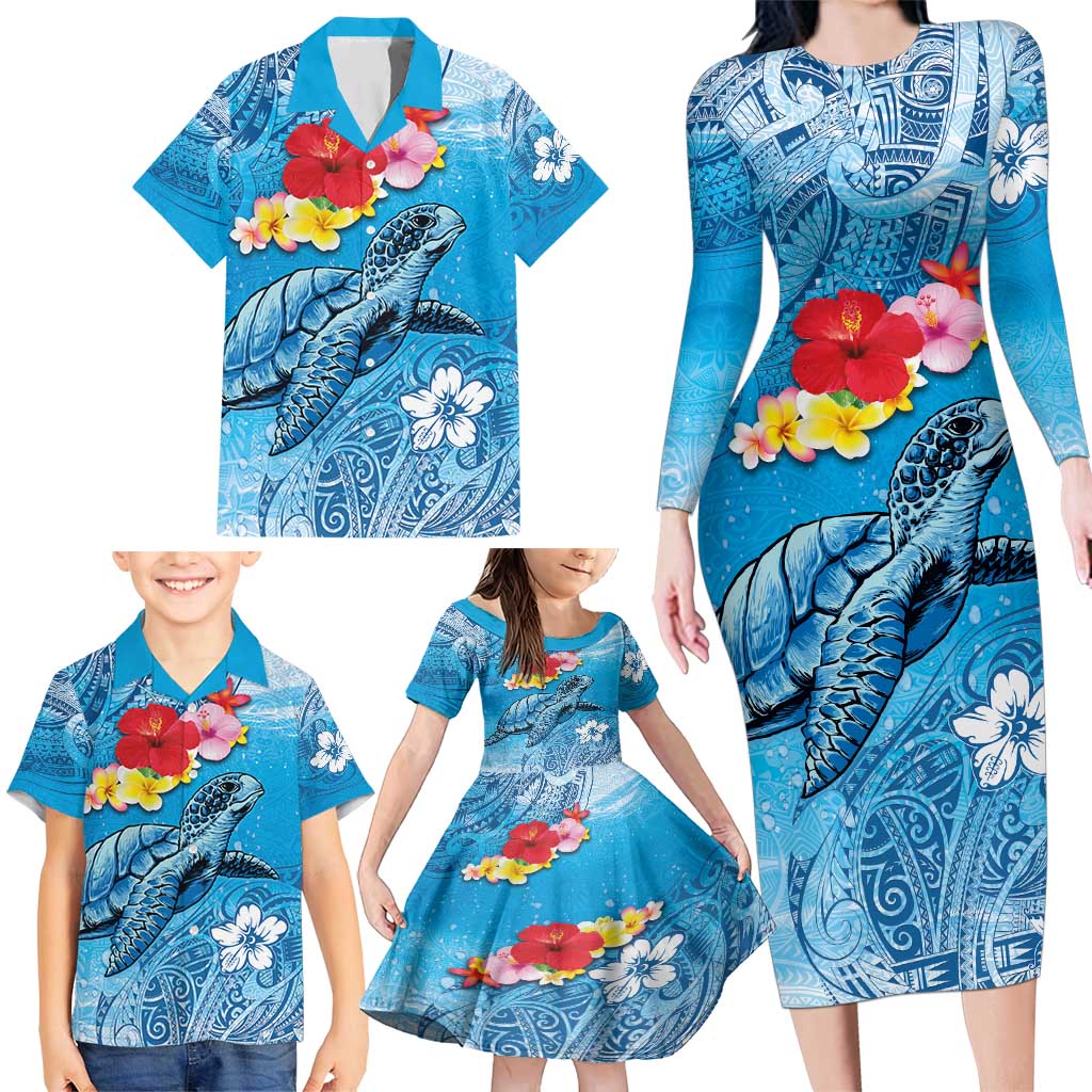 Hawaii Sea Turtle and Tropical Flowers Family Matching Long Sleeve Bodycon Dress and Hawaiian Shirt Polynesian Tattoo Undersea Vibe LT03 - Polynesian Pride