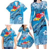 Hawaii Sea Turtle and Tropical Flowers Family Matching Long Sleeve Bodycon Dress and Hawaiian Shirt Polynesian Tattoo Undersea Vibe LT03 - Polynesian Pride