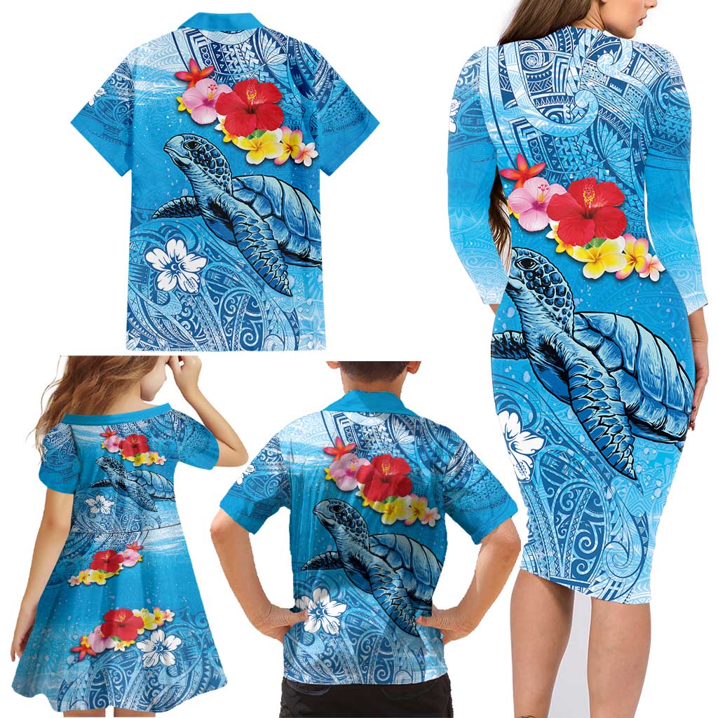Hawaii Sea Turtle and Tropical Flowers Family Matching Long Sleeve Bodycon Dress and Hawaiian Shirt Polynesian Tattoo Undersea Vibe LT03 - Polynesian Pride