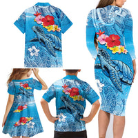 Hawaii Sea Turtle and Tropical Flowers Family Matching Long Sleeve Bodycon Dress and Hawaiian Shirt Polynesian Tattoo Undersea Vibe LT03 - Polynesian Pride
