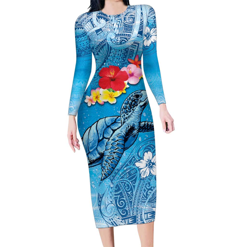 Hawaii Sea Turtle and Tropical Flowers Family Matching Long Sleeve Bodycon Dress and Hawaiian Shirt Polynesian Tattoo Undersea Vibe LT03 Mom's Dress Blue - Polynesian Pride