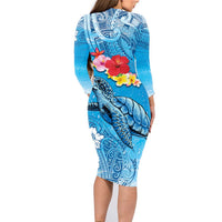 Hawaii Sea Turtle and Tropical Flowers Family Matching Long Sleeve Bodycon Dress and Hawaiian Shirt Polynesian Tattoo Undersea Vibe LT03 - Polynesian Pride