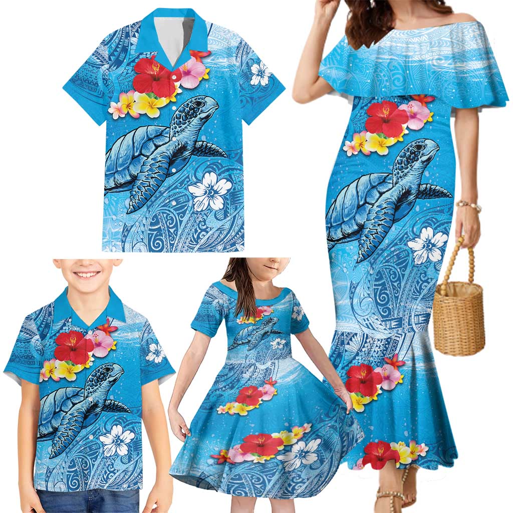Hawaii Sea Turtle and Tropical Flowers Family Matching Mermaid Dress and Hawaiian Shirt Polynesian Tattoo Undersea Vibe