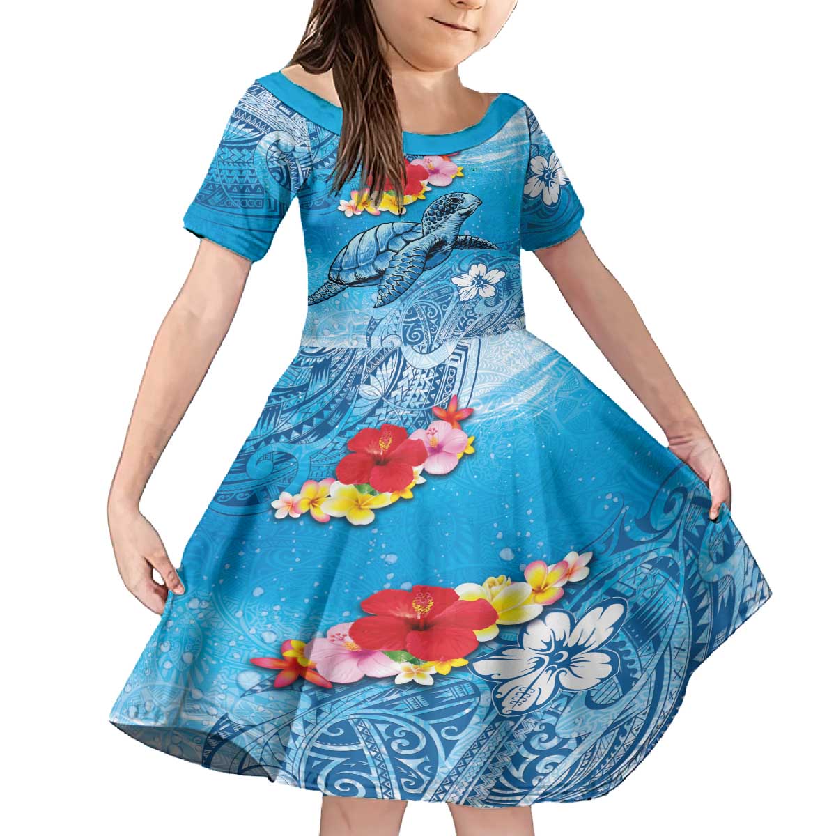 Hawaii Sea Turtle and Tropical Flowers Family Matching Off The Shoulder Long Sleeve Dress and Hawaiian Shirt Polynesian Tattoo Undersea Vibe LT03 Daughter's Dress Blue - Polynesian Pride