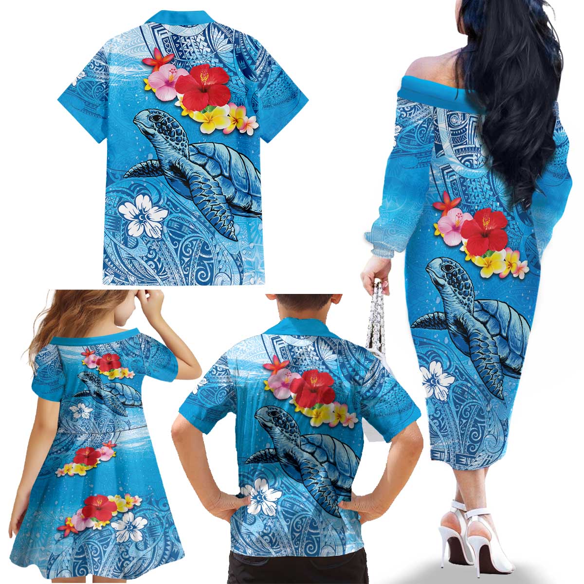 Hawaii Sea Turtle and Tropical Flowers Family Matching Off The Shoulder Long Sleeve Dress and Hawaiian Shirt Polynesian Tattoo Undersea Vibe LT03 - Polynesian Pride