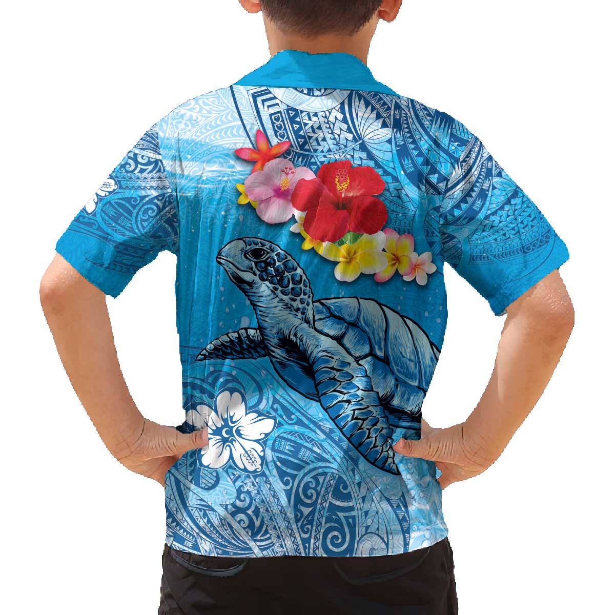Hawaii Sea Turtle and Tropical Flowers Family Matching Off Shoulder Short Dress and Hawaiian Shirt Polynesian Tattoo Undersea Vibe LT03 - Polynesian Pride