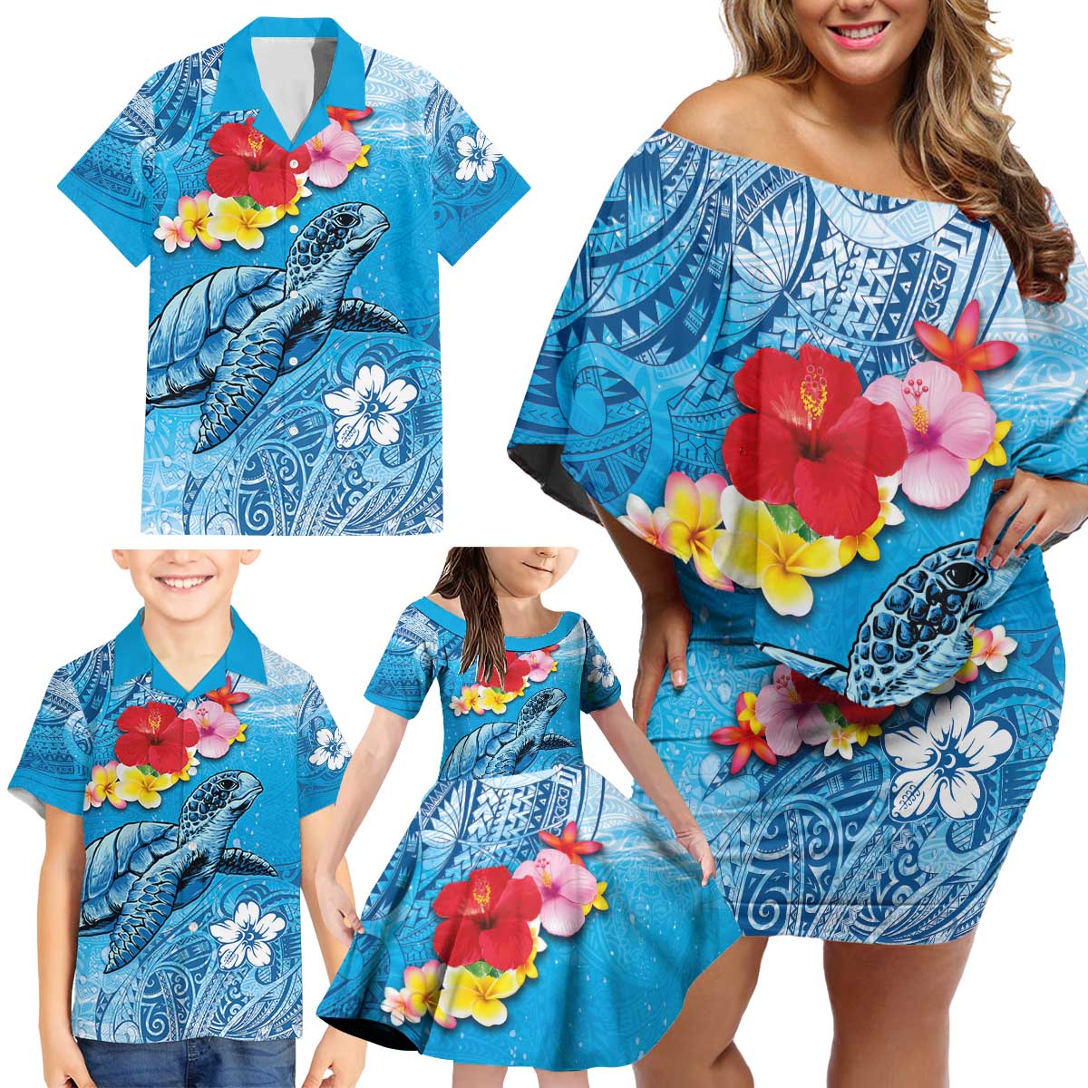 Hawaii Sea Turtle and Tropical Flowers Family Matching Off Shoulder Short Dress and Hawaiian Shirt Polynesian Tattoo Undersea Vibe LT03 - Polynesian Pride