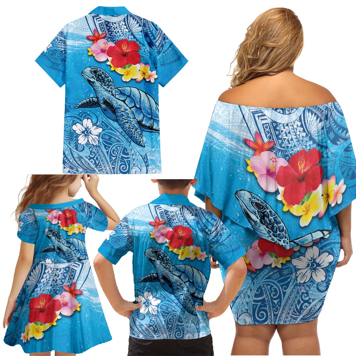 Hawaii Sea Turtle and Tropical Flowers Family Matching Off Shoulder Short Dress and Hawaiian Shirt Polynesian Tattoo Undersea Vibe LT03 - Polynesian Pride