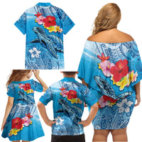 Hawaii Sea Turtle and Tropical Flowers Family Matching Off Shoulder Short Dress and Hawaiian Shirt Polynesian Tattoo Undersea Vibe LT03 - Polynesian Pride