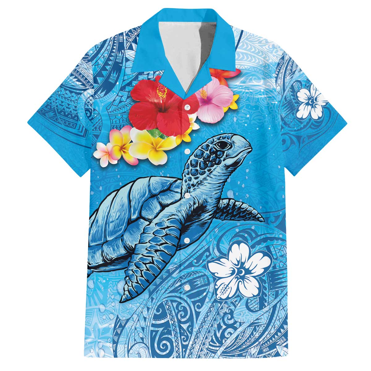 Hawaii Sea Turtle and Tropical Flowers Family Matching Off Shoulder Short Dress and Hawaiian Shirt Polynesian Tattoo Undersea Vibe LT03 Dad's Shirt - Short Sleeve Blue - Polynesian Pride